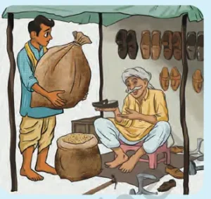 Illustration showing the transition from the barter system to coins, paper currency, and digital payments.