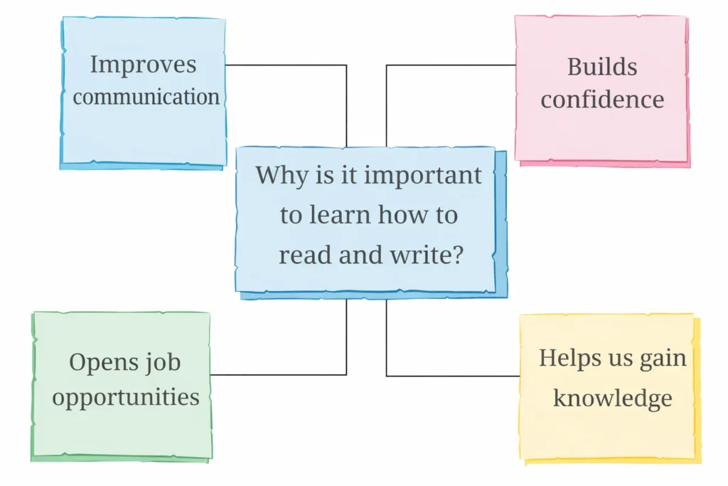 Mind map showing the importance of learning to read and write with points like communication, confidence, knowledge, and job opportunities.