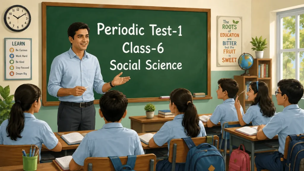Male teacher explaining Periodic Test-1 for Class 6 Social Science to students in a bright classroom.